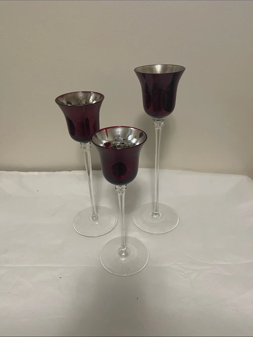 Red Glass Stem Candle Holders - Set of 3